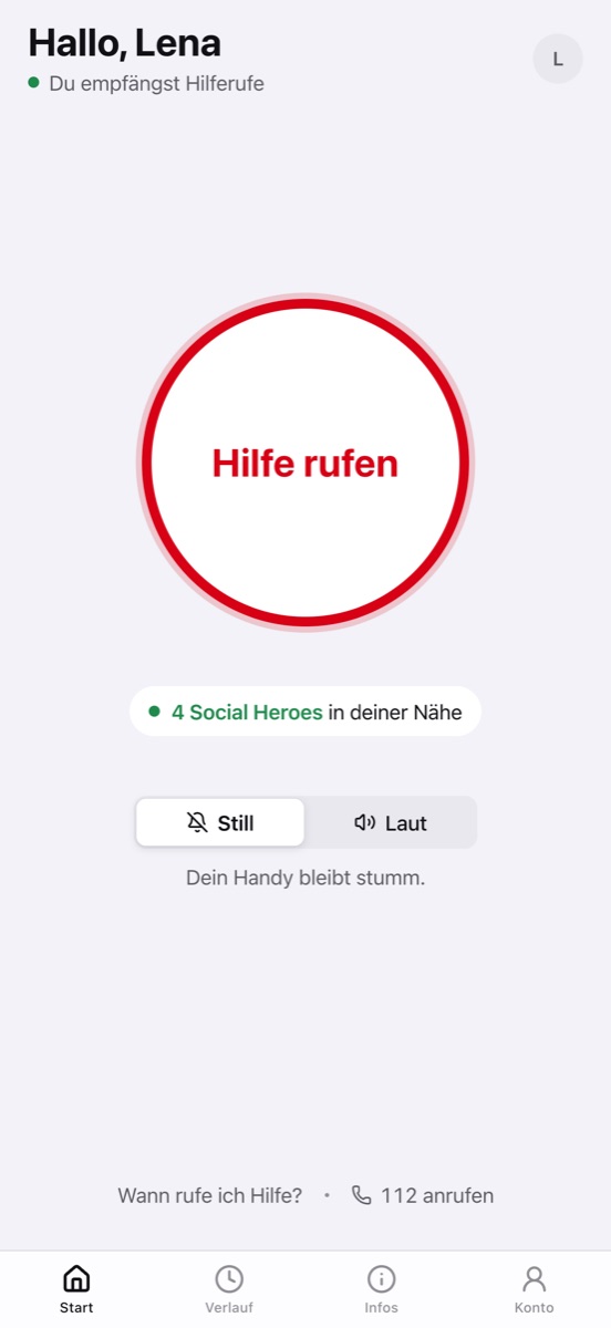 Startbildschirm mit dem Knopf „Hilfe rufen“