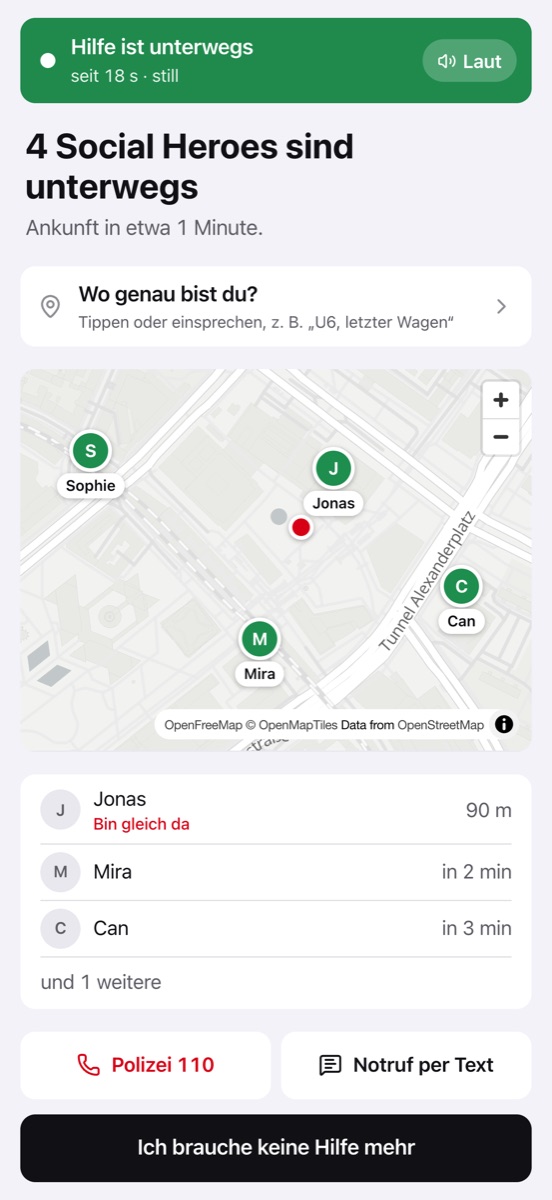 Laufender Hilferuf: Karte mit drei Social Heroes auf dem Weg, darunter Namen und Ankunftszeiten